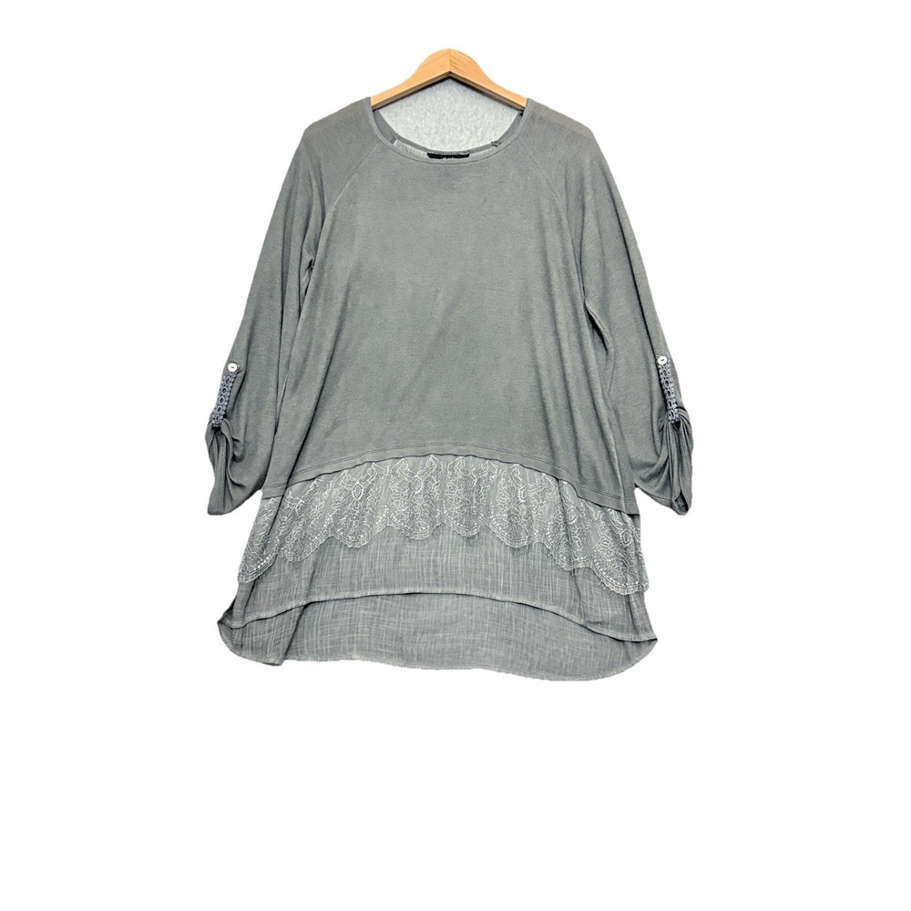 Ali Miles Womens Knit Tunic Top‎ XL Lightweight Lace Hem Layered Lagom Lagenlook